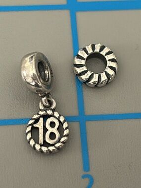 Pandora Sterling Silver '18' Number Charm & Spacer Bead Set